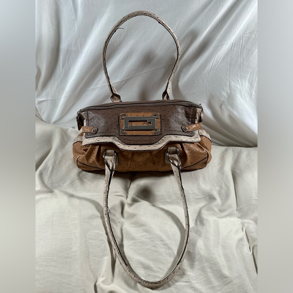 Guess Brown Ostrich Leather Mady Ray Line Large Baguette Tote Shoulder Bag Y2K